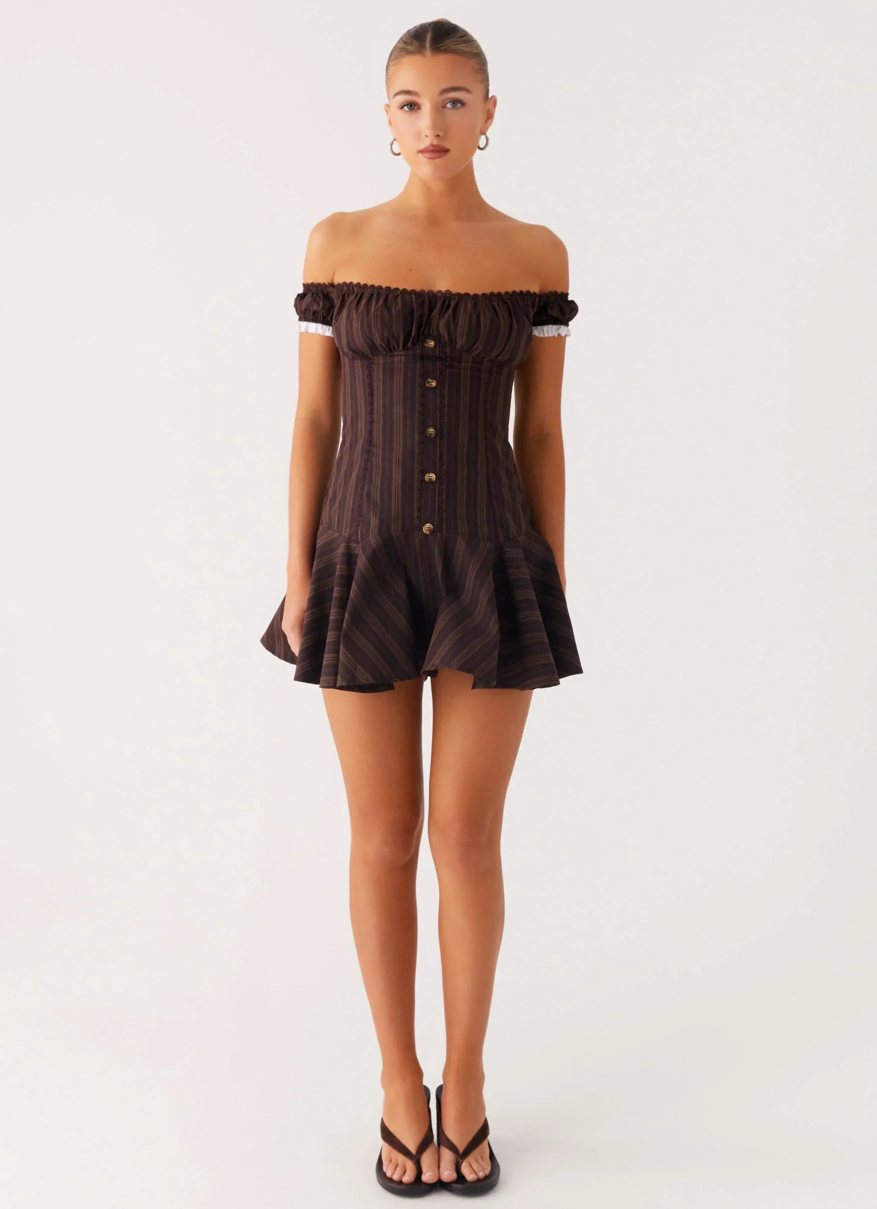 Jumana Off Shoulder Mini Dress - Toffee Stripe
