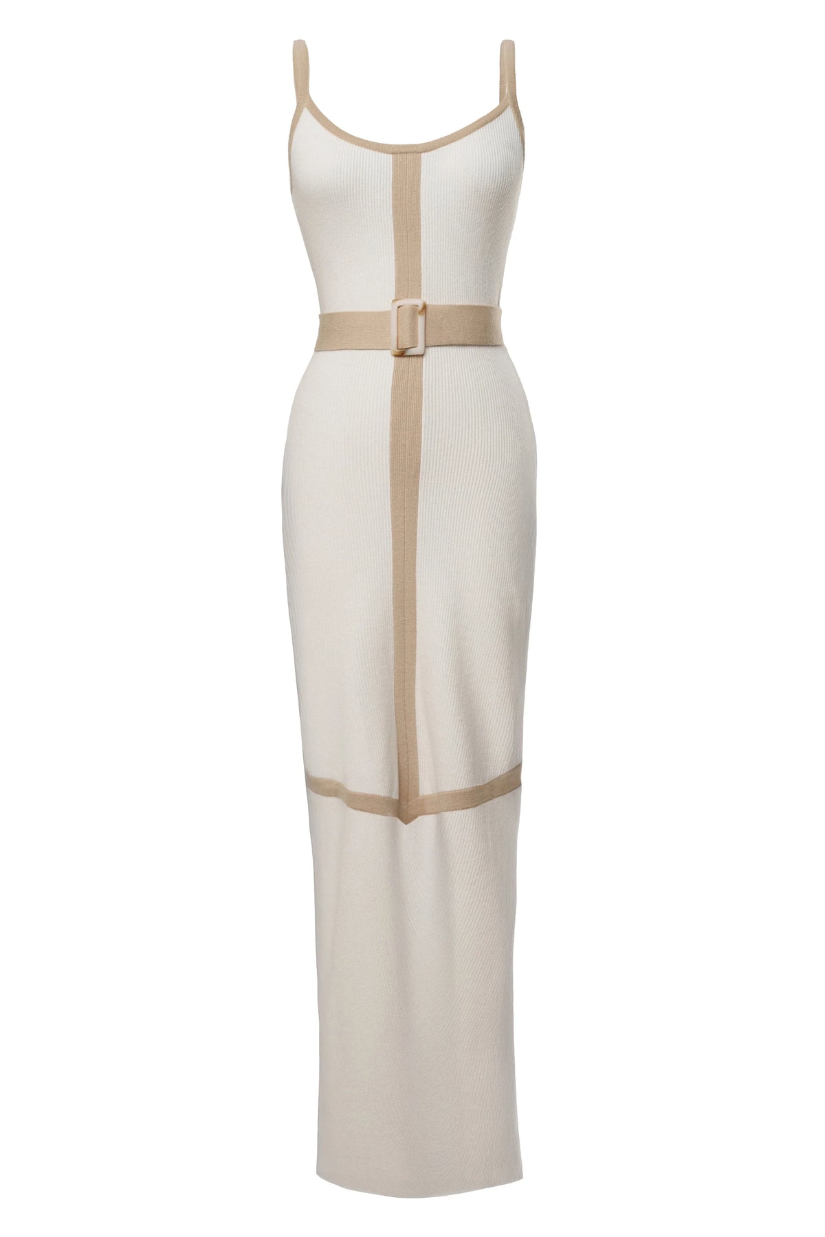Ivory Beige Belted Cami Maxi Dress
