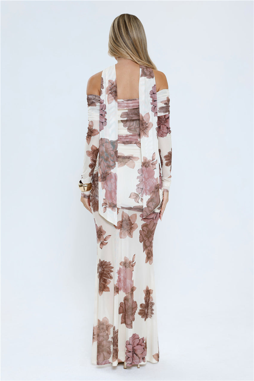 Garden Haze Off Shoulder Mesh Maxi Dress Floral