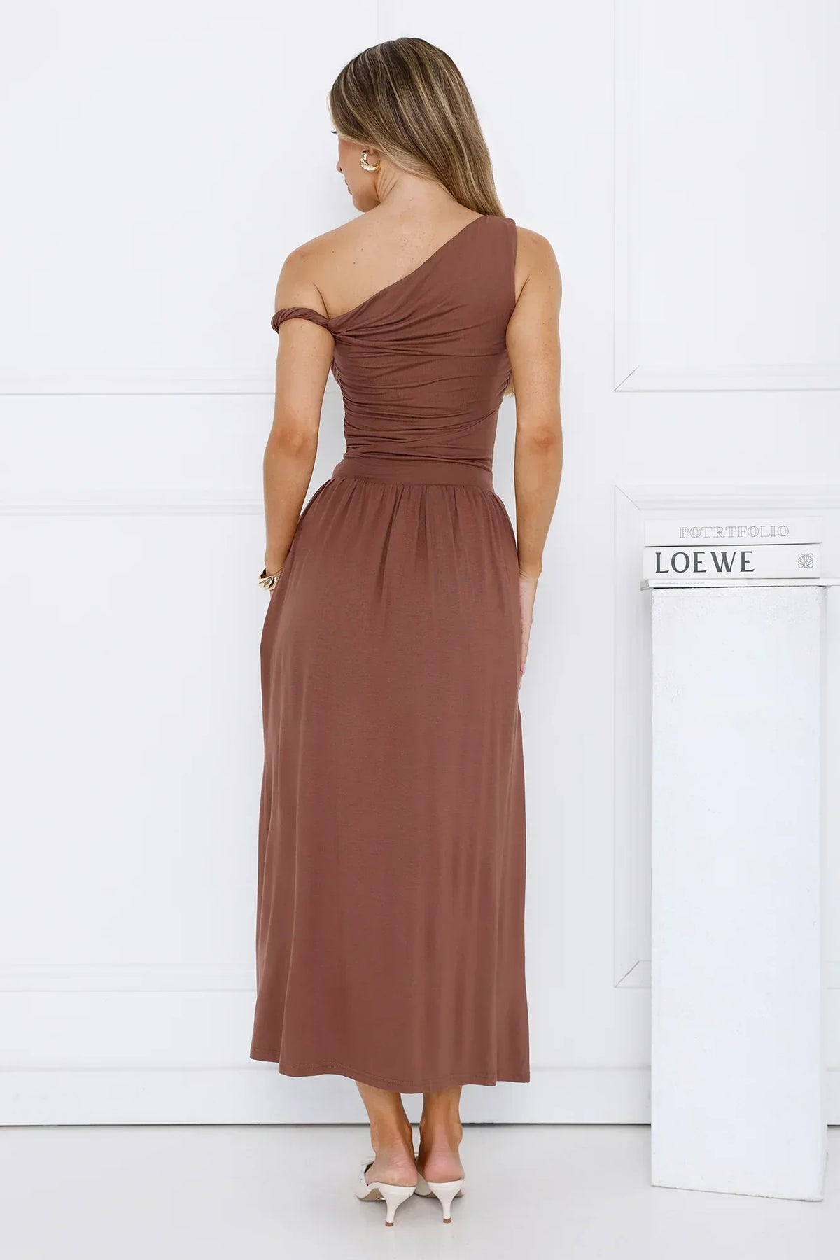 Coastal Daydream Off Shoulder Midi Dress Brown