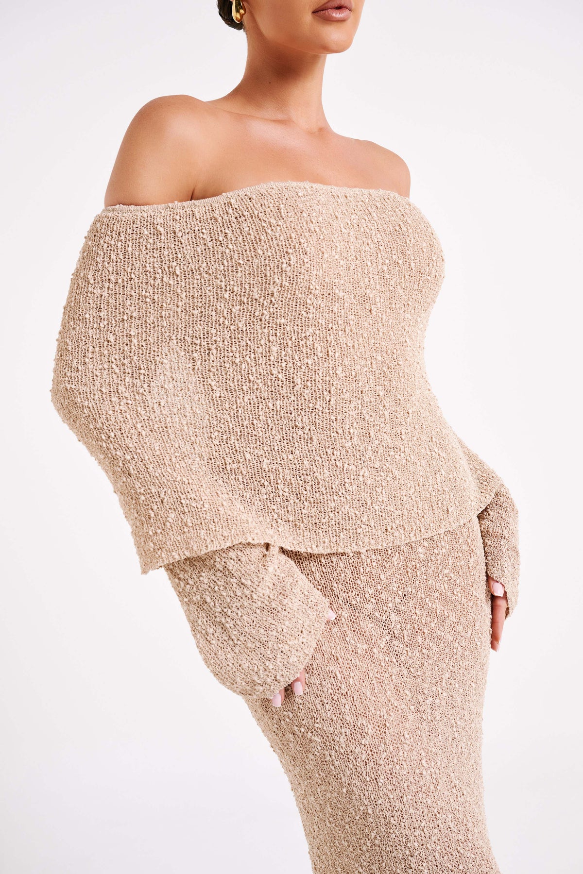 Off Shoulder Boucle Maxi Dress