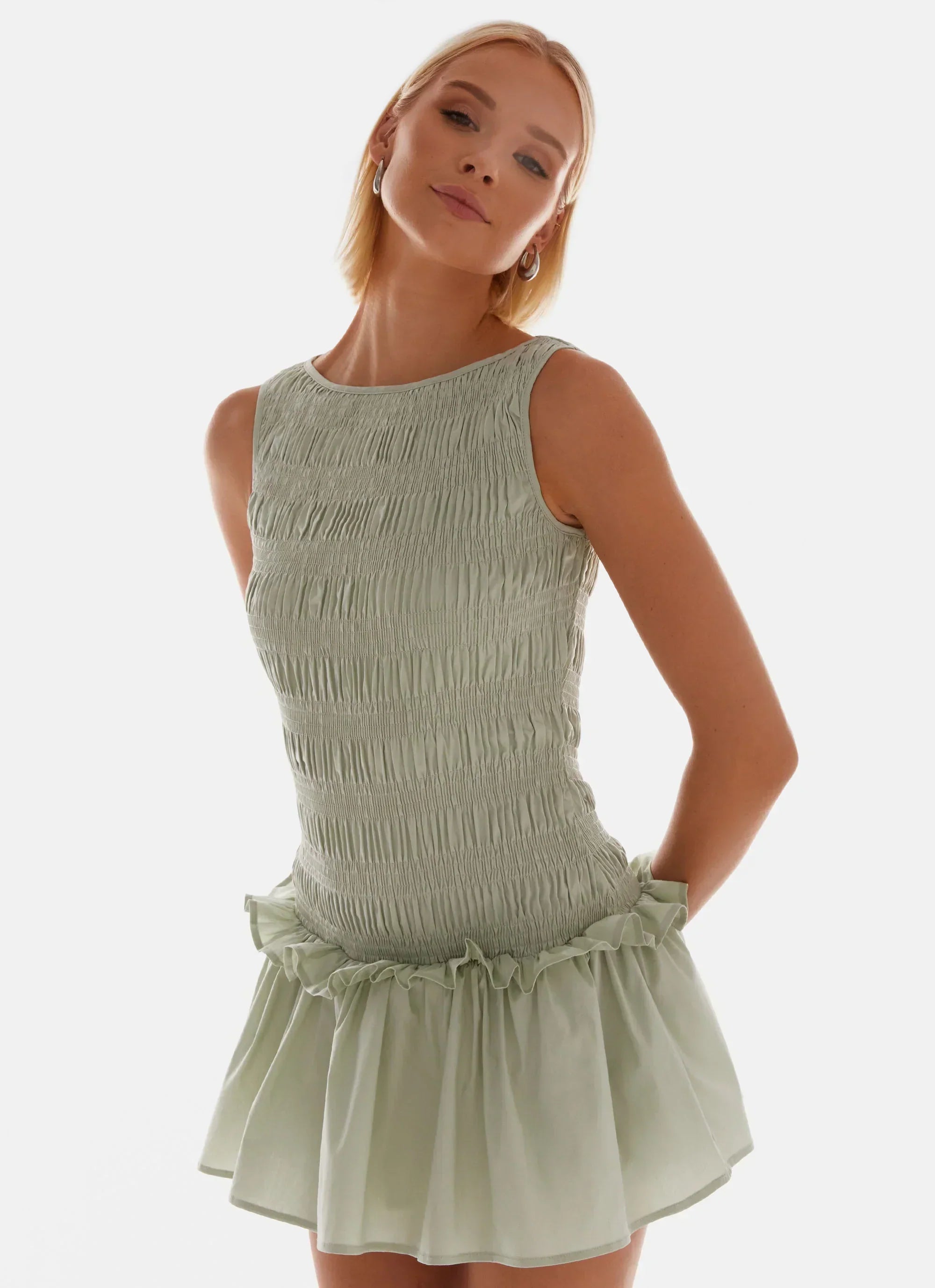Garden Kisses Shirred Mini Dress - Sage