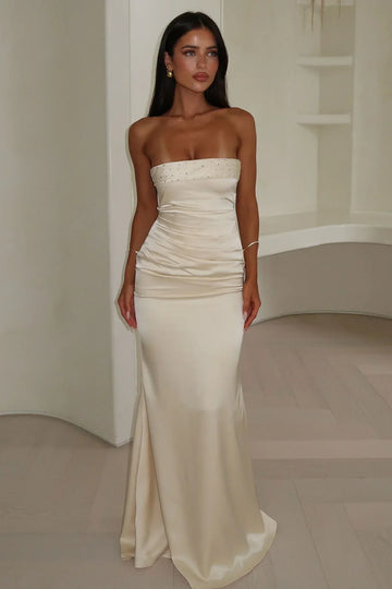 Ophelia Strapless Embellished Satin Maxi Dress - Champagne